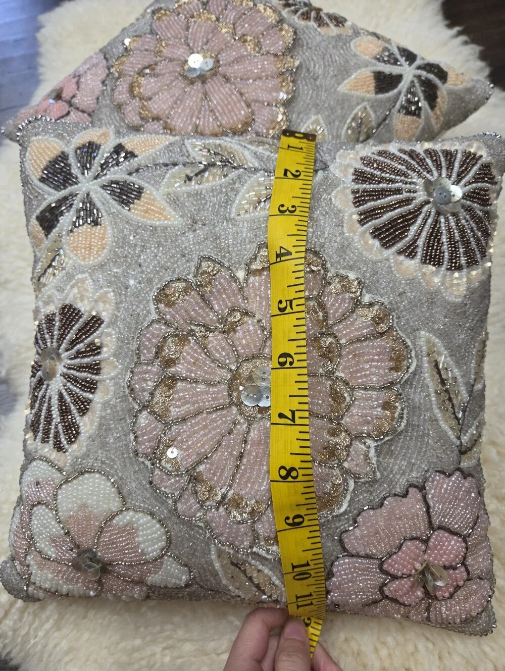 Set of 2 Pier 1 Imports Beaded Sequin Floral Throw Pillows Pink Gold Cream 11